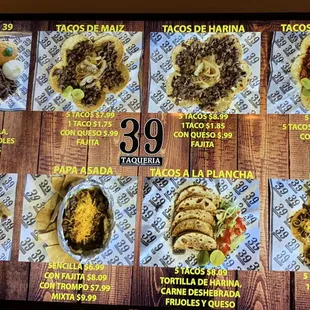 a menu for taqueria 39
