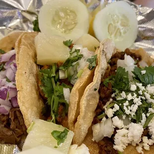 Left to right: birria, Al pastor, chorizo.