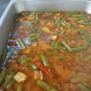 Dzedo's Soup. Green bean and potato New Mexican style. Tomato based broth roasted yucca green beans and red chile