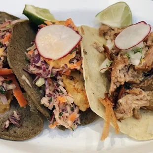 2 Cod fish tacos and a carnitas taco