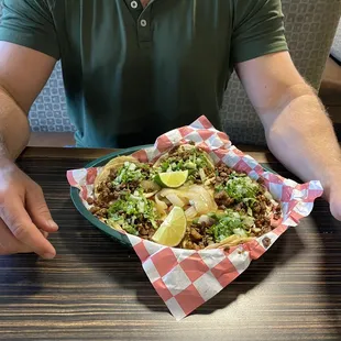 Beef tacos. Chorizo tacos. Green sauce!!