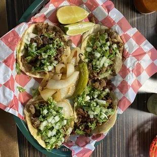 Beef tacos and chorizo tacos. Can't go wrong.