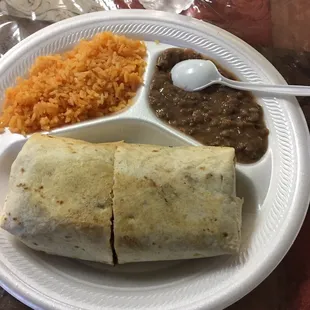 Steak burrito with rice and beans