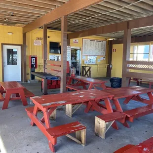 tables and benches in a building