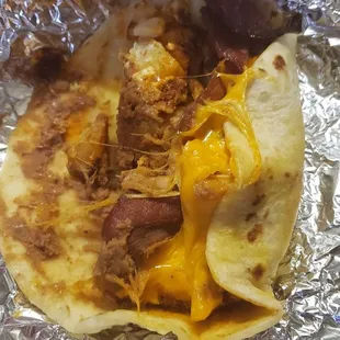 Chorizo egg bean cheese fried papa bacon
