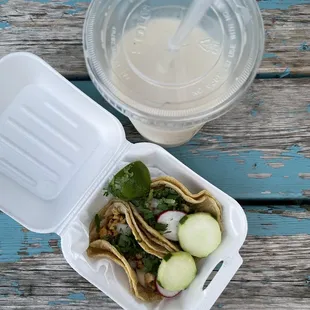 Two chicken tacos and BIG horchata.
