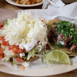 Left is the a avocado tostada, a delicious struggle to eat. Right is a head taco, which was so tender and juicy.