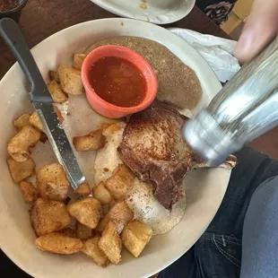 Pork chop breakfast plate