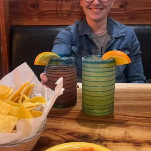 Chips and salsa, classic margarita, raspberry margarita