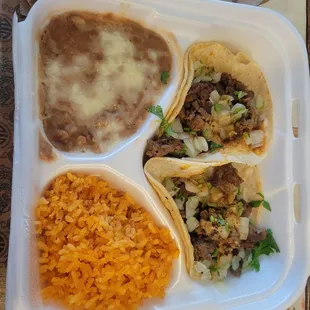 2 qty soft tacos, beans and rice. Great deal!
