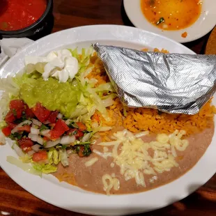 Beans Rice, Corn Tortillas as well as some Guacamole.