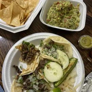 4 Carne Asada Tacos and Chips &amp; Guacamole