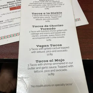 menu and prices