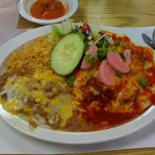 Panchuco Yucateco (Corn Tortilla, Ref. Beans, Corn Tortilla, Pork with Cheese &amp; Enchilada Sauce)