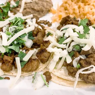 Carne Asada Tacos - with cheese &amp; rice and beans