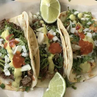 2 beef fajita tacos and 1 shrimp taco. Delicious!