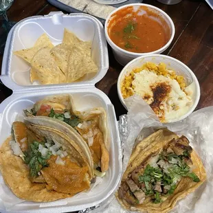 Chili Rellenos tacos in Flour and Corn tortillas, Carnitas Taco in Corn tortillas - Elote and Chips and Salsa.