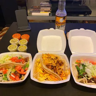 Breakfast (potatoes &amp; chorizo) in the middle, fajita on the left, lengua on the right