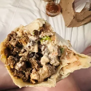 Inside of carne asada burrito.