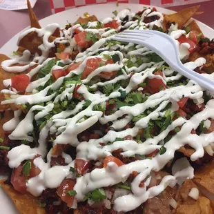 House fried chips, perfectly charred chorizo, light cheese, lettuce, onion, sour cream, &amp; that fabulous green sauce on the side.