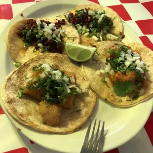 Chicharron on bottom, chorizo on top