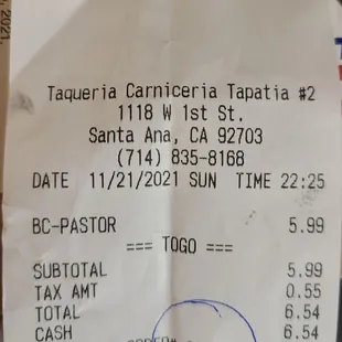 The price of one al pastor burrito. Affordable and very delicious!