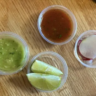 Salsa bars. My favorite green verde and red salsas.
