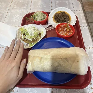 Sope de pastor , burrito de asada con todos los toppings, taco de asada. Pico de gallo, cilantro and onions are complementary