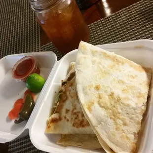 SUPER QUESADILLA...Carne asada, beans, cheese, sour cream, lettuce &amp; tomato