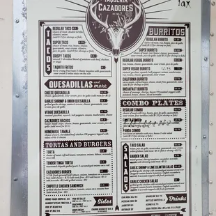 Menu qt the front of the shack