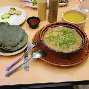 One chicken taco and pazole.. Both were flavorful and plentiful..