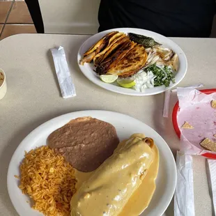 Chicken Chimichanga plate and Barbacoa tacos