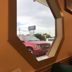 a view of a truck through a window