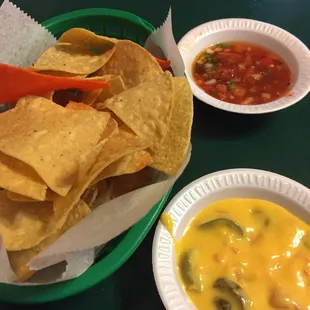 Complimentary chips, salsa, and queso. Salsa was more like pico and spicier than most other places.