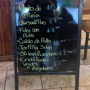 Board with daily specials, always several options