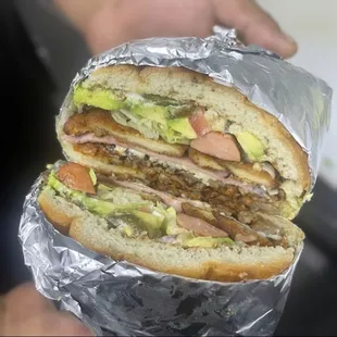 Torta Cubana  Ham, steak, pastor, breaded chicken, salchicha, cheese, lettuce, tomato, avocado, mayonnaise, beans &amp; pickled jalapeños