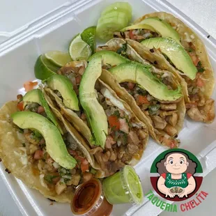 Chelita Tacos Meat, beans, cheese, pico de gallo &amp; avocado