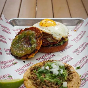 Breakfast sandwich and Chorizo Taco