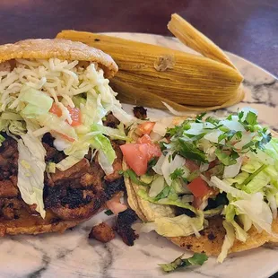 Left: Al Pastor gordita. Right: chorizotacos. Top: tamale.