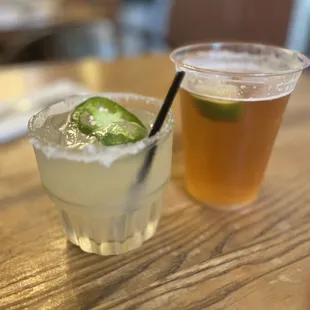 Spicy margarita and a Modelo draft