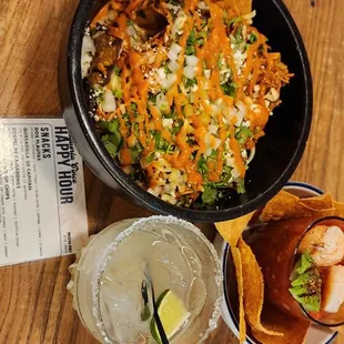 a plate of food and a drink