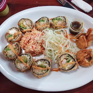 Breaded Villarreal Roll with a side of cucumber noodles and imitation crab.