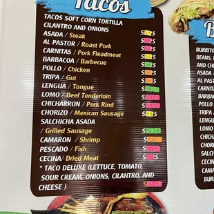 Tacos menu