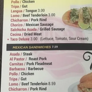 tacos, menu