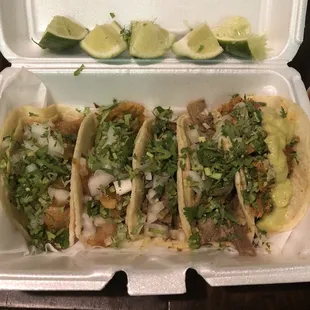 Chicharron en salsa (pork rinds/ cracklins), lengua (tongue) and pastor tacos