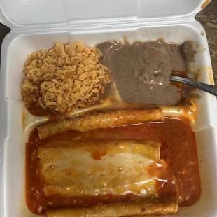 Cheese enchiladas with rice and beans