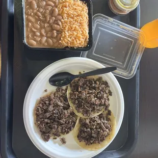 Three Carne Asada Tacos with Rice and Beans