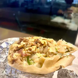 Breakfast burrito con todo with Cabeza and crema