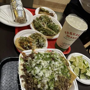 Asada nachos, tacos, burrito