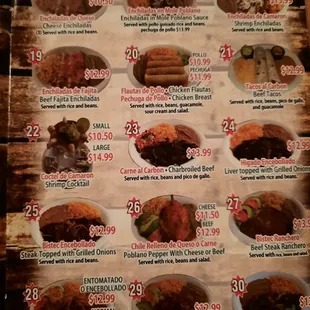 a menu with prices